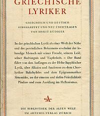Griechische Lyriker. Griechisch und deutsch. Übertragen u. eingeleitet von Horst Rüdiger.
